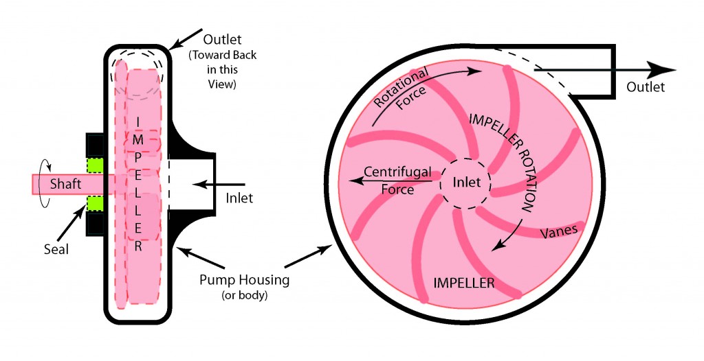 Illustration showing the operation of a centrifugal pump.